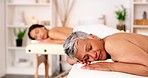 Woman, spa and acupuncture in relax for skincare, beauty or luxury treatment in healthcare at a resort. Women relaxing together for physical therapy, massage or acupuncturist in cosmetic surgery