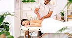 Woman in luxury spa, cupping massage by physical therapist or wellness beauty to relax in India. Calm beauty treatment, zen salon for stress relief and healthy self care lifestyle with asian healing