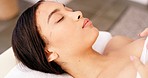 Acupuncture, therapy and woman at spa for wellness and stress relief, body care and alternative medicine. Relax, beauty and healthy, needles in face for healing and facial treatment at salon.