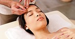 Woman, relax and facial acupuncture needles in skincare, cosmetics or healthy treatment at a resort. Female face in physical therapy with acupuncturist relaxing for health, wellness and beauty on bed
