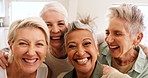 Senior women, friends and selfie with a smile, happiness and  diversity while together for a social media post during retirement reunion. Comic, funny and happy elderly women group portrait home