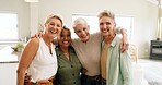 Senior women, elderly friends and hug to connect, for bonding and chatting together. Portrait, females and mature ladies enjoy retirement, loving embrace and conversation for support, talking and fun