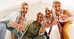 Senior women, smile and fun hand sign of elderly friends with happiness and funny hands gesture. Happy, comic and crazy girl friend group in retirement with comedy and friendship laughing with joy