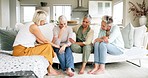 Support, friends and sad senior women sitting on sofa with crying, emotional and upset woman. Sadness, compassion and group of old females having conversation, talking and consoling friend in divorce
