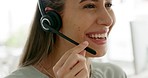 Call center consultation, happy woman face and customer service help, consulting and solution, telemarketing and communication agency. Sales employee talking to client online for web customer support