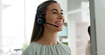 Call center, telemarketing, and customer service woman consulting with client using headset and PC for information in an crm office. Happy contact us and sales consultant at desk for support and help