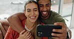 Love, selfie and smile with couple on sofa with phone for social media, relax and internet together. App, 5g and technology with man and woman in living room at home for affection, bonding and happy
