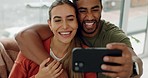 Selfie, smartphone and couple with love, relax and hug together in home apartment for social media, blog or online update post. Excited, kiss and influencer diversity people in cellphone photography