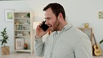 Stress, argument and man on a phone call with smartphone in the living room of his modern house. Communication, frustrated and angry guy on mobile fight conversation with cellphone at home in Canada.