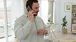 Phone call, communication and man talking in home, chat or speaking. Tech, mobile and remote worker from Canada on 5g smartphone, business deal conversation or networking and discussion with contact.