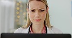Confused, healthcare and doctor reading email with communication, bad news and stress from hospital work. Sad, upset and frustrated medical employee with stress from consultation online on a laptop