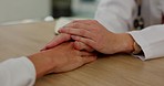 Doctor holding hands with patient in empathy, trust and support, help or advice in healthcare consulting. Kindness, counseling and psychology therapy, hope and mental health service from psychologist