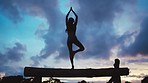 Yoga, silhouette and woman meditation against a night sky background for peace, wellness and training on balance plank. Earth, girl and yoga pose for mind, zen and energy practice, workout and cardio