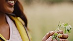 Woman, leaves and nature with ecology and environment, green and plant with earth day, sustainability and organic. Fresh, natural and earth, happy Indian female outdoor, spring and growth.