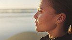 Beach, thinking and calm woman with fitness, wellness and outdoor healing for peace, inspiration and healthy lifestyle on sunset horizon. Ocean waves, focus and self care girl on holiday in nature