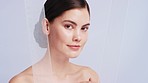 Fabric, beauty and woman in studio for skincare, wellness and grooming against calm, lavender and mockup background. Portrait, face and girl model with silk after facial, morning routine and cosmetic