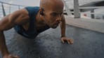 Push up, black man and city fitness, exercise challenge and focus, mindset and body wellness, workout and sports motivation. Strong bodybuilder face, push up and outdoor training, muscle and power 