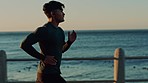 Ocean, sky and man running for fitness health goals, outdoor cardio workout or training for marathon mockup. Sea water mock up, exercise and runner listening to music, audio podcast or radio sound