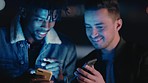 Man, friends and phone in social media, networking or sharing mobile app in the city at night party. Happy men in social event, chatting or showing smartphone for communication with 5G connectivity
