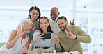 Phone, selfie or business people peace sign for success team building, collaboration or teamwork. Happy, smile or employee wit smartphone for social media, comic or meeting happiness photo in office