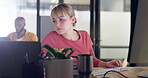 Creative woman, laptop and computer in marketing, advertising or web design multi tasking at the office. Female employee designer in market research comparing data on technology for company startup