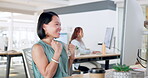 Success, asian woman and celebration at computer in office for winning, bonus and achievement. Happy, winner and excited worker celebrate stocks trading deal, company goals or promotion on desktop pc