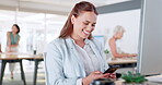 Phone, search and smile with business woman at computer for planning, networking and social media in office. Internet, technology and news with employee at desk for app, communication and website