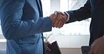 Corporate handshake, partnership and b2b client meeting showing deal success and collaboration. Welcome, thank you and crm agreement hand gesture of hiring business men shaking hands in office