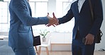 Corporate business, busy office and shaking hands for collaboration, welcome and b2b deal, negotiation or agreement. Men doing handshake for partnership, hiring and meeting at professional workplace