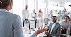 Leadership, presentation and woman with audience in office speaking to staff in meeting, seminar and workshop. Business, coaching and manager talking to group of employees in corporate workplace