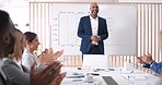 Presentation, dancing and applause to celebrate business success, target and finance profit with SEO, benchmarking and kpi results on whiteboard. Black man, speaker and manager in meeting for growth