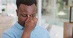 Stress, headache or black man travel in New York with divorce depression, financial anxiety or family funeral. Sad, pain or male in city, street or road with mental health, burnout or healthcare