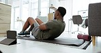 Tablet, fitness and man in home training with online video, internet and virtual gym subscription for muscle, power and health on his floor. Exercise, workout and black man with digital technology
