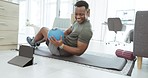 Tablet, home or man with medicine ball in fitness workout, abs training or exercise in virtual class. Live streaming, tutorial or healthy black man on ground exercising body online for accountability