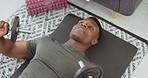 Fitness, weights and workout with black man on living room floor for training, strong and exercise. Sports, performance and health with bodybuilder in home gym for weightlifting, muscle and power