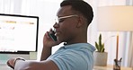 Phone call, watch and business man in home office for time management, client opportunity and graphic design consulting for virtual chat. Computer, talking on smartphone and black man check schedule