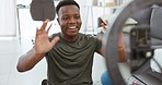 Home, fitness and live streaming of man with hello for social media health advice, exercise tips and wellness community on smartphone. Ring light, cellphone and black man influencer with workout chat