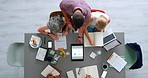 Business people, working and tablet planning top view at office desk with teamwork for project. Collaboration, strategy and commitment of workplace people with notes, ideas and information.