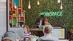 Creative workspace, company office and modern startup collaboration at tech, design and marketing busines for innovation, creativity and teamwork. Corporate workers, technology and eco friendly work 