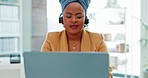 Laptop, call center and black woman consulting, talking and typing in workplace. Crm customer service, telemarketing and female sales agent from Nigeria on computer helping client in company office.