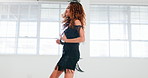 Dance, dancer and fitness with woman training for dancing competition in studio, creative with samba or salsa. Train, sexy and energy, workout and exercise, Mexican athlete with body and performance.