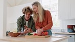 Love, phone and couple in kitchen, connect and social media for bonding, smile or laugh together. Romantic, man or woman with salad, communication and happiness with smartphone for internet and relax