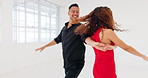 Couple, bonding and ballroom dancing in studio, performance practice or salsa learning class. Smile, happy or dancer man and woman in samba, tango or latin energy routine on dance floor with teacher