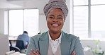 Corporate african woman, smile portrait or happiness in finance office, agency or leadership success. Black woman, financial business and confident leader with vision, goals or happy in modern office