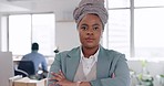 Black woman, leader and portrait of corporate manager with arms crossed in modern office, executive leadership and copany vision goal. Business, leadership and african person with success motivation