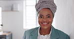 Happy, smile and face of black woman in corporate, professional business and executive happiness at the office. Motivation, workplace and portrait of a business woman at a startup company at a job
