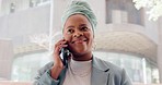 Success, business or black woman on a phone call networking, talking or speaking of goals or mission. B2b, employee or worker in communication, discussion or conversation with management of a company