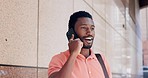 Communication, phone call and black man in city, talking or chatting. Tech, mobile and male from Nigeria on 5g smartphone speaking, discussing or conversation with contact outdoors in urban town.