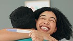 Couple, bedroom and positive pregnancy results, joy and excited hugging for future family. Life, love and happy man with pregnant woman hug to celebrate good news with pregnancy test sitting on bed.