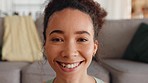 Happy, meditation breathing and face of a woman with peace, relax and zen smile in a house for balance. Wellness, mind and portrait of a girl with spiritual faith and calm during mindset exercise